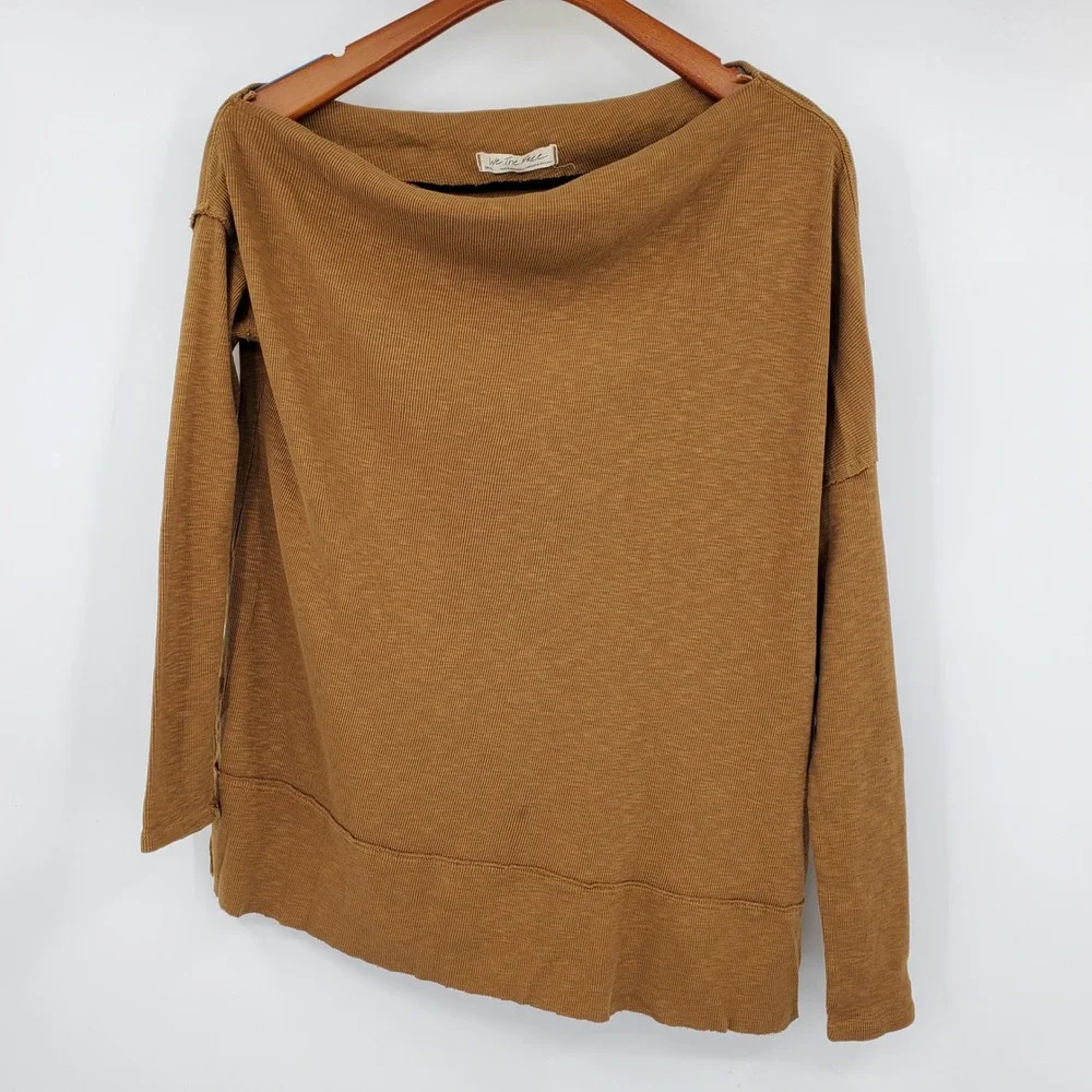 We The Free Free People Brown Ribbed Boat Neck Long Sleeve Shirt S Boho Earthy